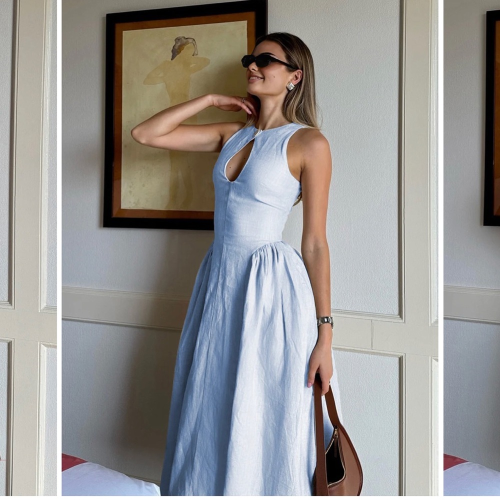 Cotton & linen pleated cutout long dress